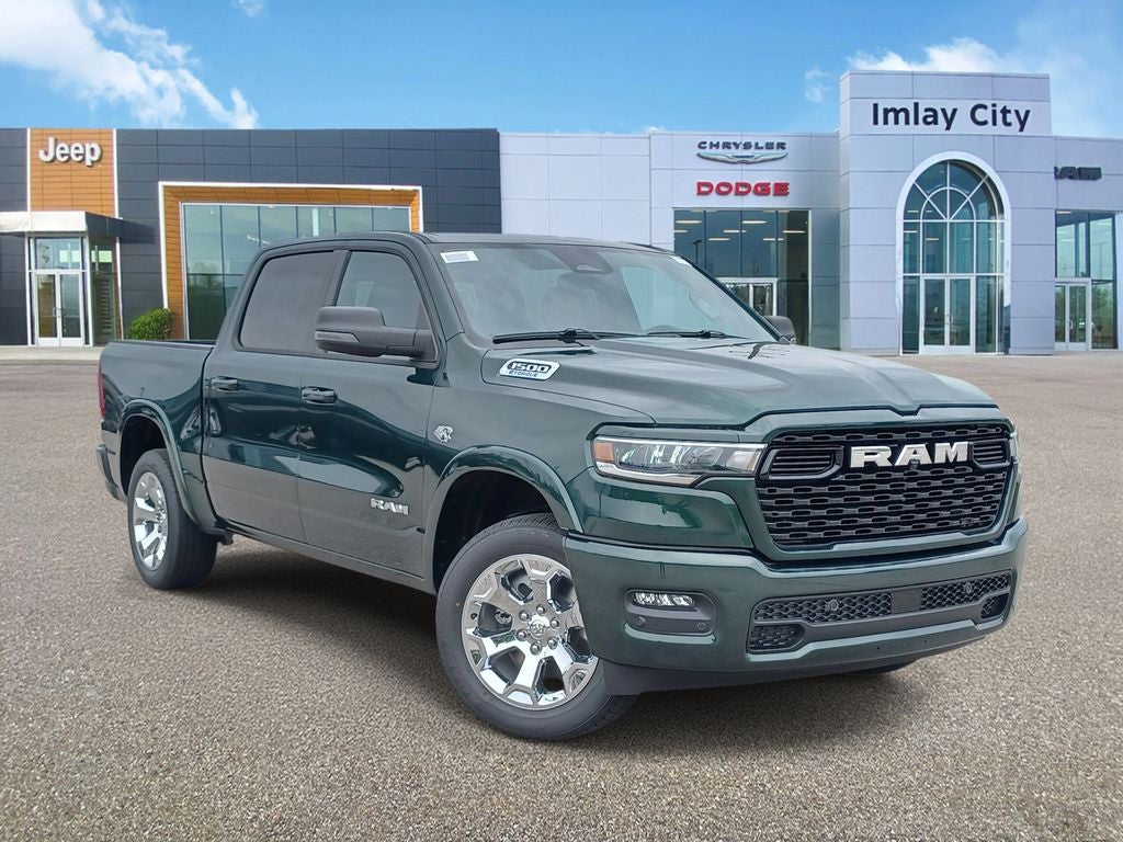 2026 RAM Ram 1500 RAM 1500 BIG HORN CREW CAB 4X4 5'7' BOX in Serrano-Green Metallic Exterior Paint — front three-quarter view