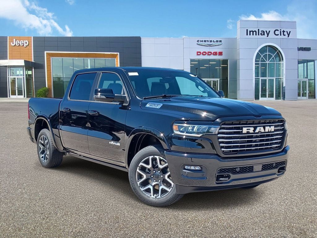 2026 RAM Ram 1500 RAM 1500 LARAMIE CREW CAB 4X4 5'7' BOX in Diamond Black Crystal Pearl-Coat Exterior Paint — front three-quarter view