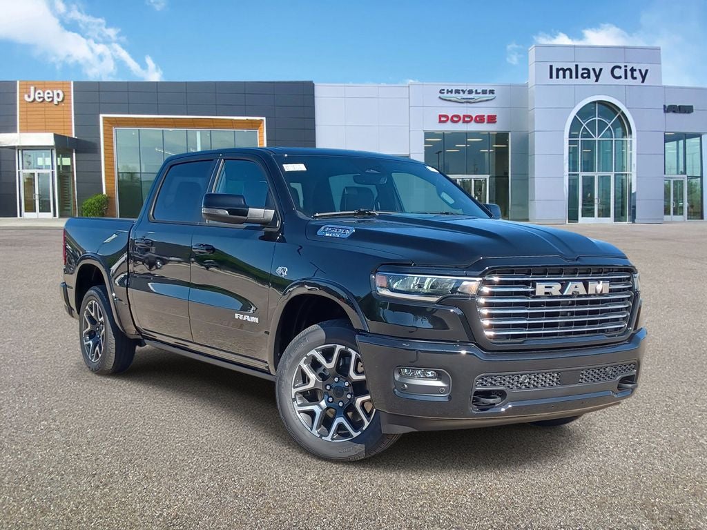 2026 RAM Ram 1500 RAM 1500 LARAMIE CREW CAB 4X4 5'7' BOX in Diamond Black Crystal Pearl-Coat Exterior Paint — front three-quarter view