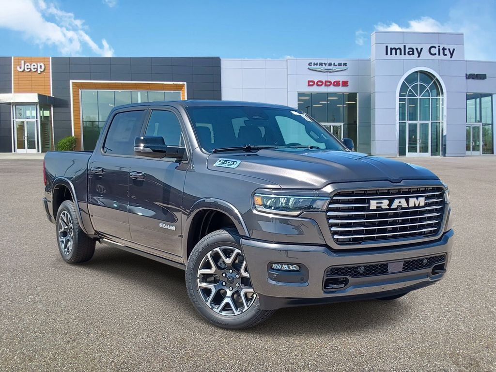 2026 RAM Ram 1500 RAM 1500 LARAMIE CREW CAB 4X4 5'7' BOX in Granite Crystal Metallic Clear-Coat Exterior Paint — front three-quarter view